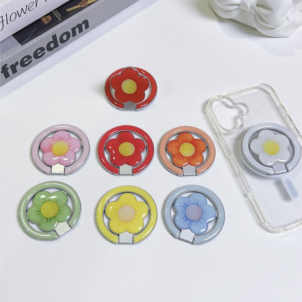 Phone Accessories For Car - ที่วางโทรศัพท์แบบแม่เหล็กพับได้ลายดอกไม้ พร้อมแหวนจับกันตก ขาตั้งโทรศัพท์อเนกประสงค์สำหรับตั้งโต๊ะ ใช้ได้กับ iPhone และ