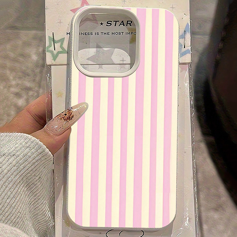Xo Phone Accessories - เคสโทรศัพท์ลายลิ้นจี่สีชมพูเรียบง่ายแบบลายทางแนวตั้ง สำหรับ iPhone 17 16 15