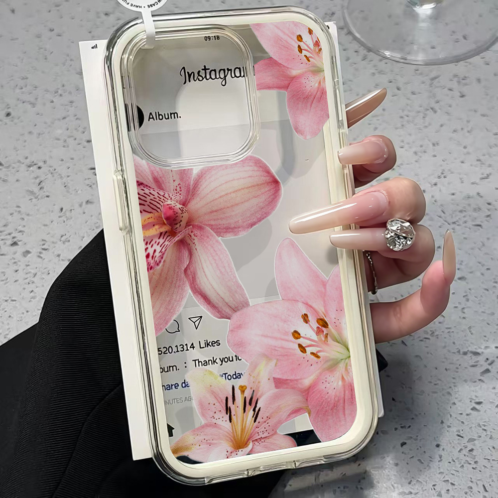 Xo Phone Accessories - เคสโทรศัพท์ใสลายดอกลิลลี่สีชมพูสำหรับ iPhone 17 11 12 14