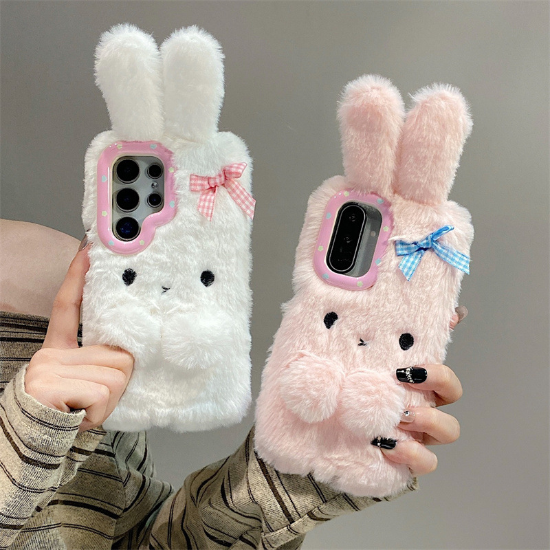 Samsung Accessories Phone - เคสโทรศัพท์ขนนุ่มลายการ์ตูน 3D พร้อมโบว์และหูกระต่าย สำหรับ Samsung Galaxy